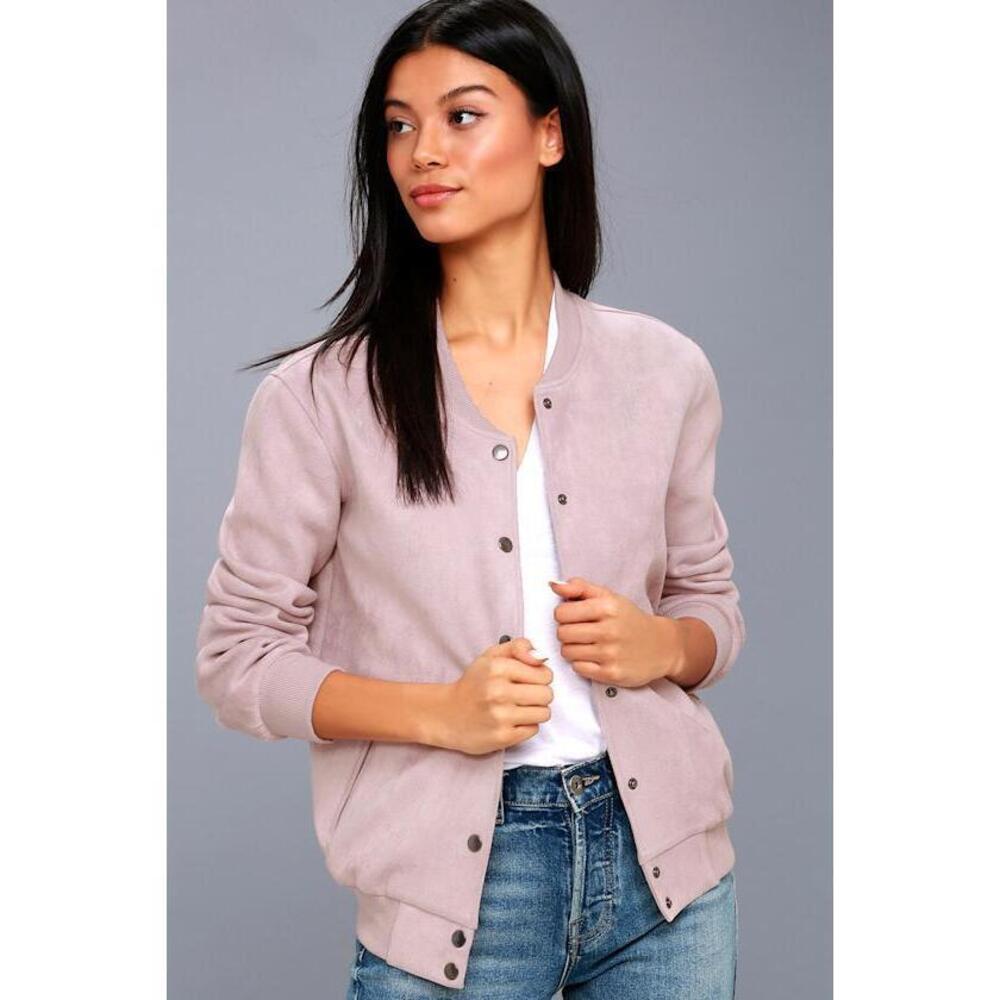 Lulus Home Run Lavender Suede Varsity Jacket